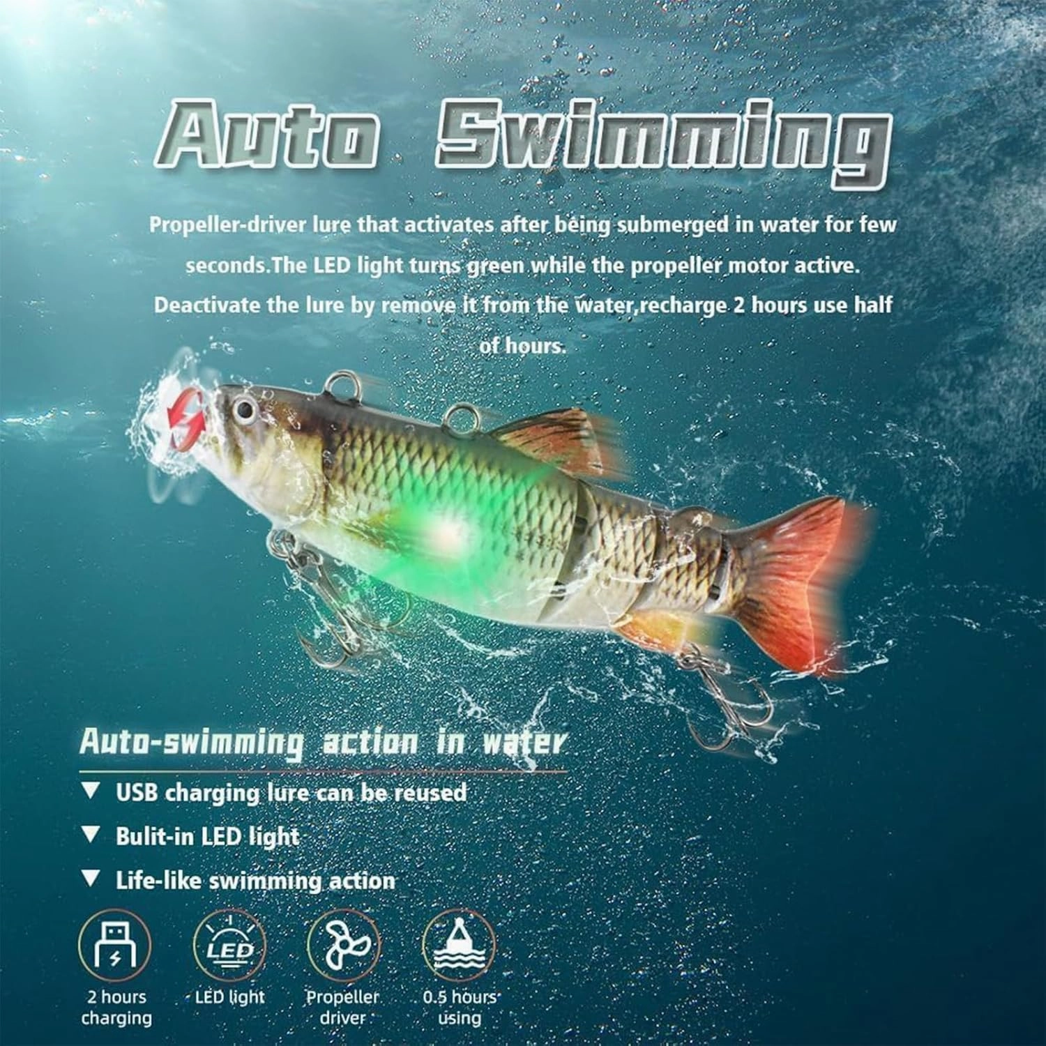 Colitt Robotic Swimming Fishing Lure, USB Rechargeable Robotic Fishing Lure, Emits Green Light in The Water to Attract Bait for All Kinds of Fishing Waters