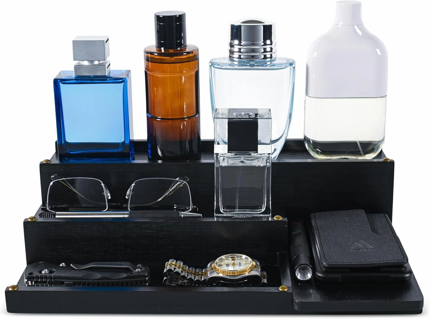 Cologne Organizer for Men, Bamboo Wood 4 Tier Display Stand with 2 Hidden Compartments, Perfume, Vanity, Dresser, EDC Organizer, Rustic Black