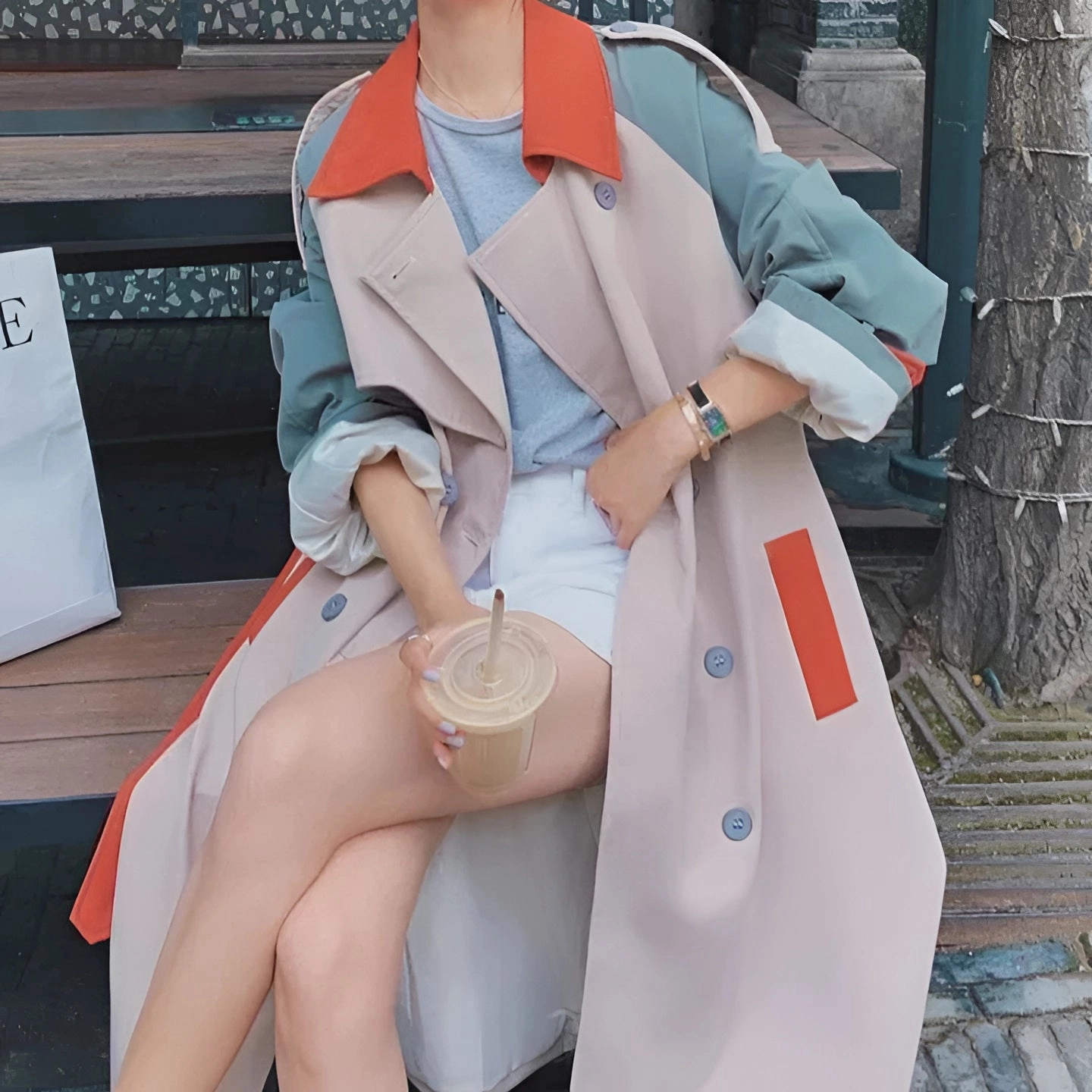 Color-Block Trench Coat - Women's Stylish Lightweight Spring Coat