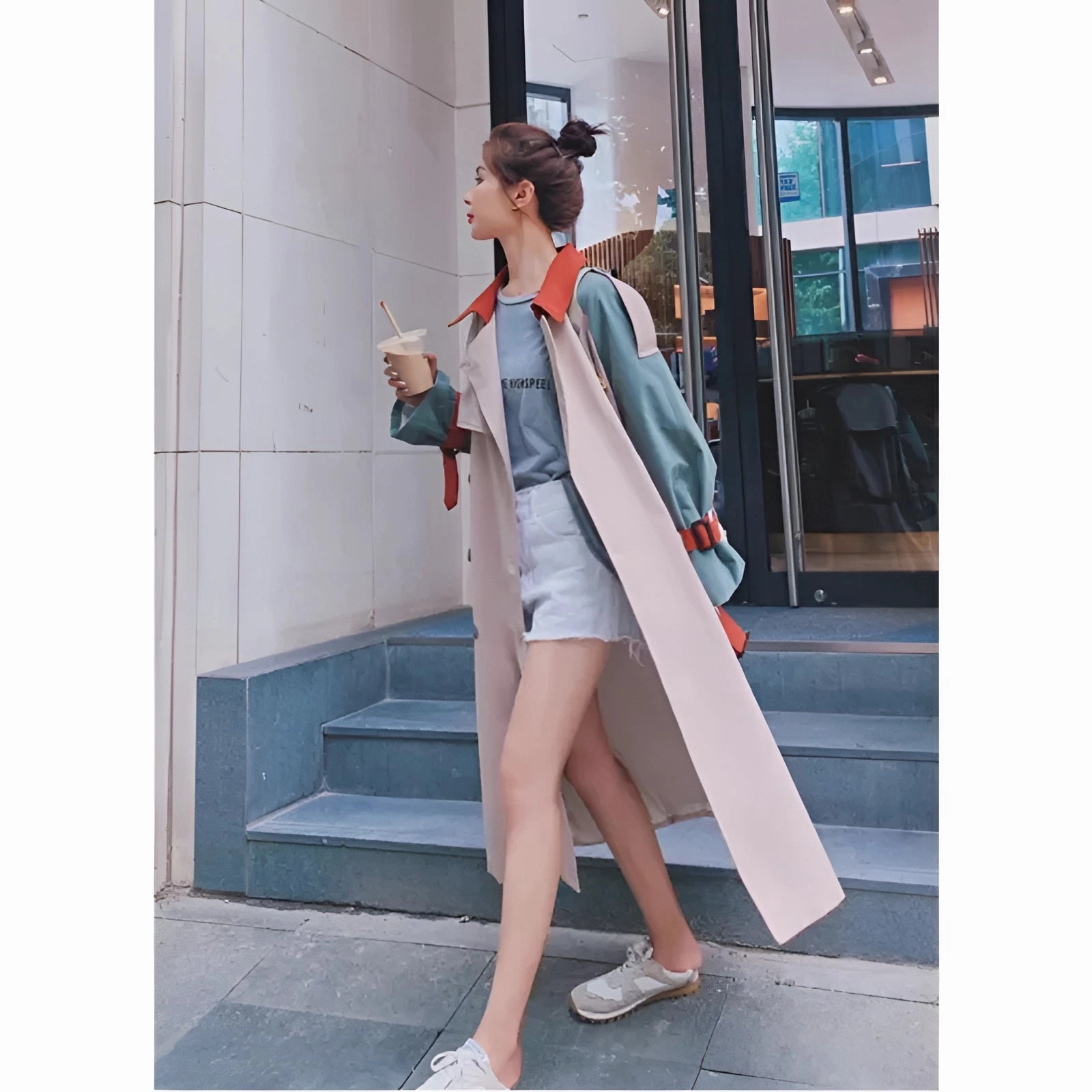 Color-Block Trench Coat - Women's Stylish Lightweight Spring Coat