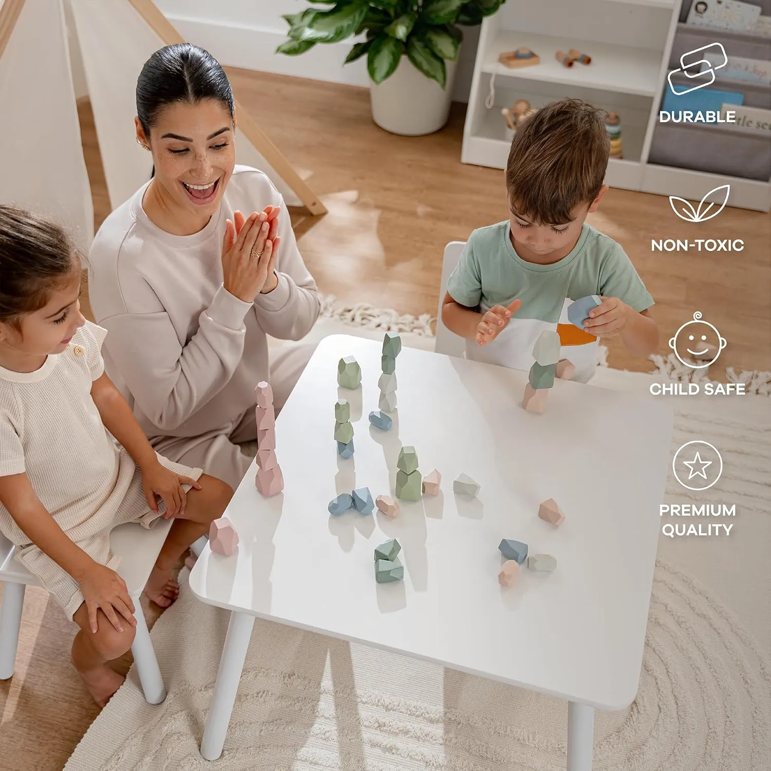 Comfy Cubs Stacking Rocks 36 Pieces, 36 Months , Educational Toddler Stacking Blocks, Promotes Imagination, Balance & Fine Motor Skills - Wooden Rocks Sensory Toys Gift for Kid, Neutral Pack
