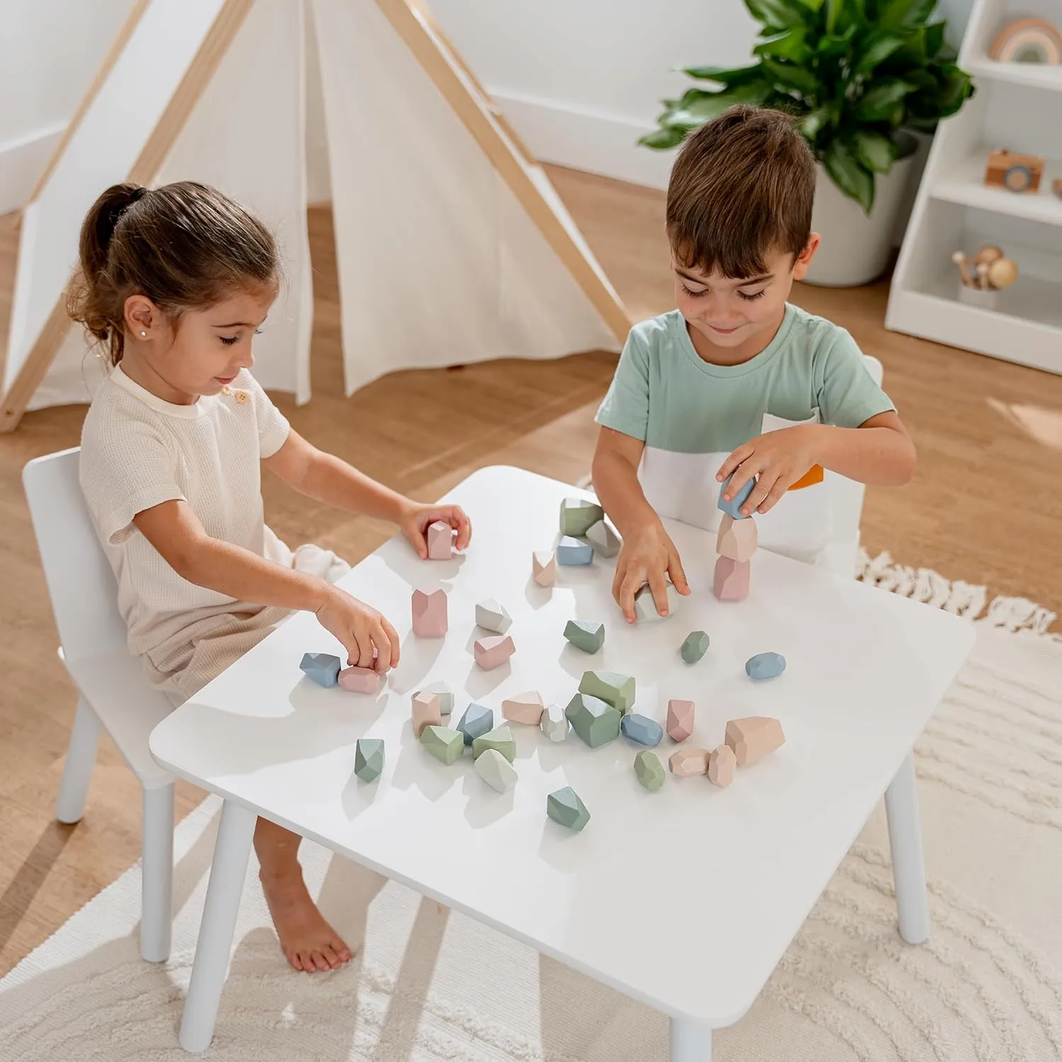 Comfy Cubs Stacking Rocks 36 Pieces, 36 Months , Educational Toddler Stacking Blocks, Promotes Imagination, Balance & Fine Motor Skills - Wooden Rocks Sensory Toys Gift for Kid, Neutral Pack