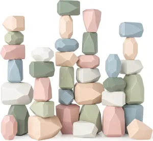 Comfy Cubs Stacking Rocks 36 Pieces, 36 Months , Educational Toddler Stacking Blocks, Promotes Imagination, Balance & Fine Motor Skills - Wooden Rocks Sensory Toys Gift for Kid, Neutral Pack