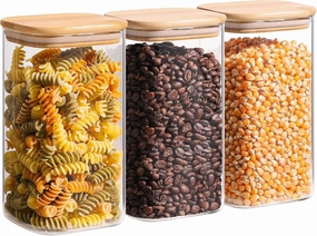 ComSaf 44oz Glass Storage Containers with Lids, Glass Jars with Lids, Clear Food Storage Jar, Square Glass Canister Set of 3, Pantry Organizers and Storage for Flour Oat Pasta Tea Cookie Coffee Bean