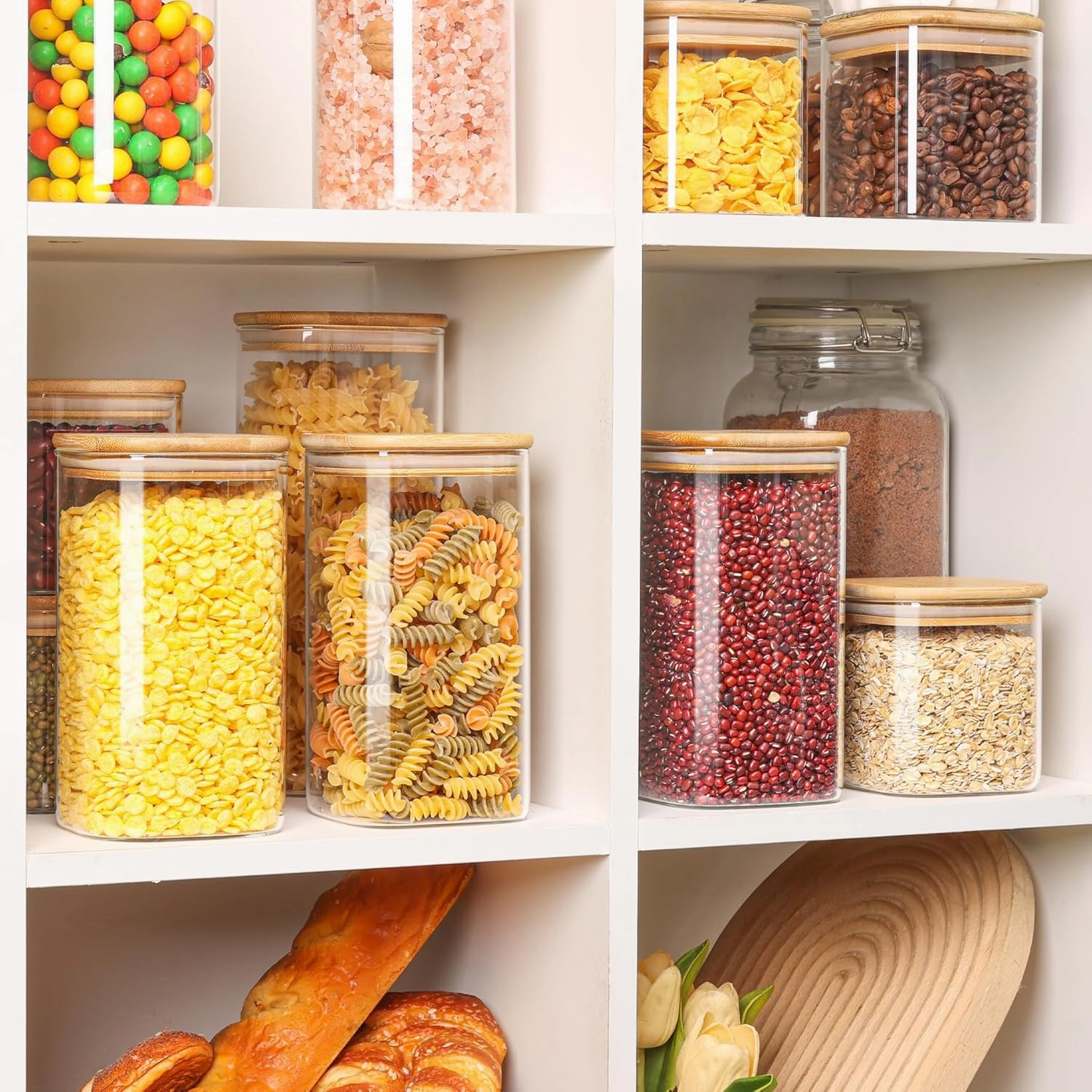 ComSaf 44oz Glass Storage Containers with Lids, Glass Jars with Lids, Clear Food Storage Jar, Square Glass Canister Set of 3, Pantry Organizers and Storage for Flour Oat Pasta Tea Cookie Coffee Bean