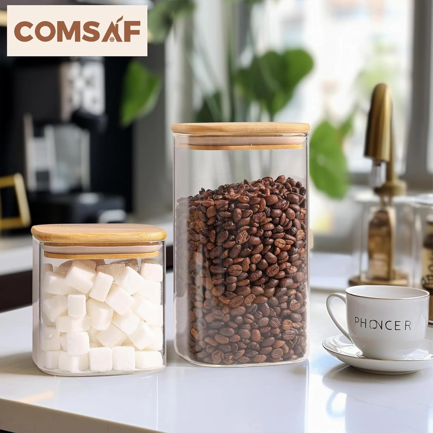 ComSaf 44oz Glass Storage Containers with Lids, Glass Jars with Lids, Clear Food Storage Jar, Square Glass Canister Set of 3, Pantry Organizers and Storage for Flour Oat Pasta Tea Cookie Coffee Bean