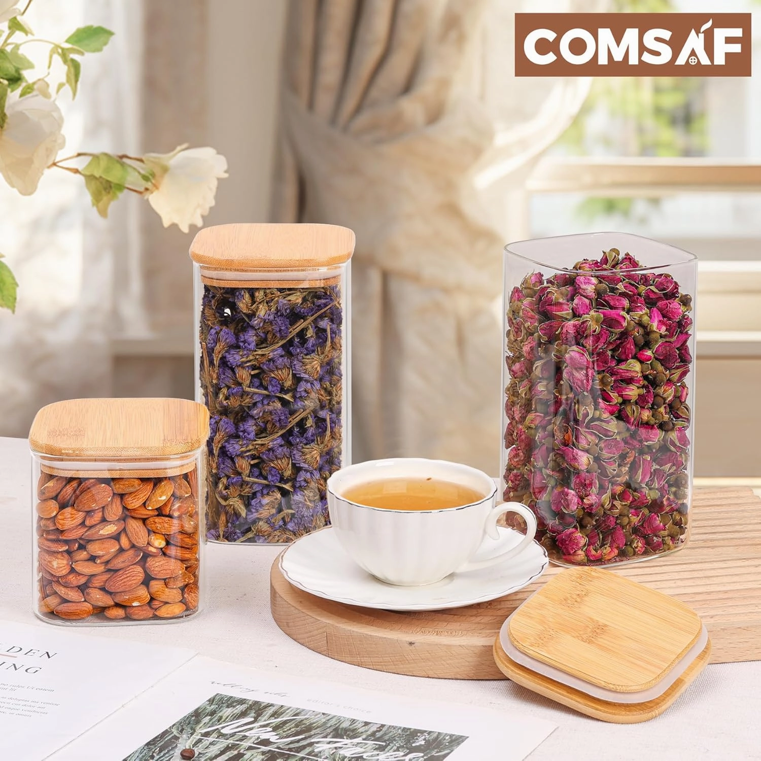 ComSaf 44oz Glass Storage Containers with Lids, Glass Jars with Lids, Clear Food Storage Jar, Square Glass Canister Set of 3, Pantry Organizers and Storage for Flour Oat Pasta Tea Cookie Coffee Bean