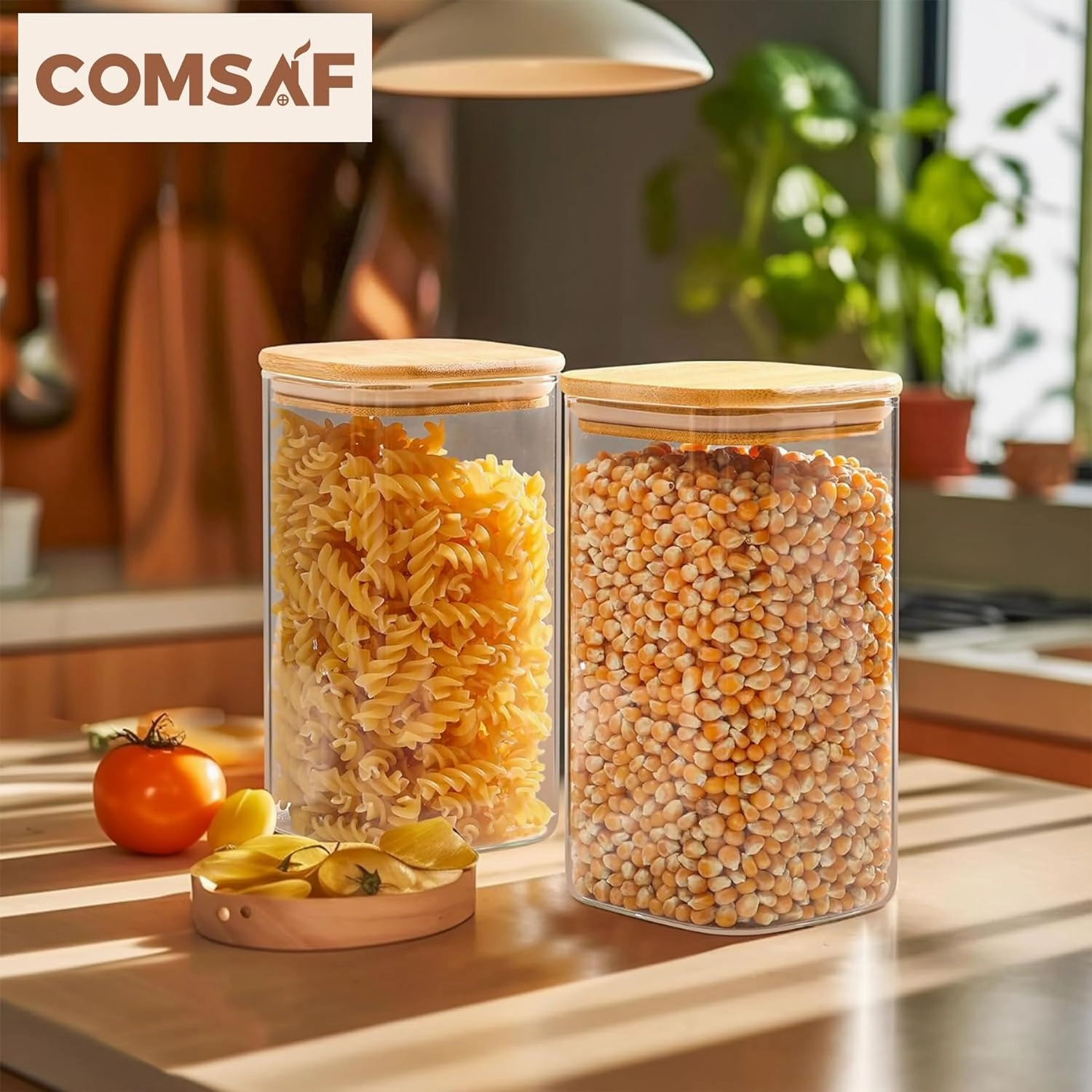 ComSaf 44oz Glass Storage Containers with Lids, Glass Jars with Lids, Clear Food Storage Jar, Square Glass Canister Set of 3, Pantry Organizers and Storage for Flour Oat Pasta Tea Cookie Coffee Bean