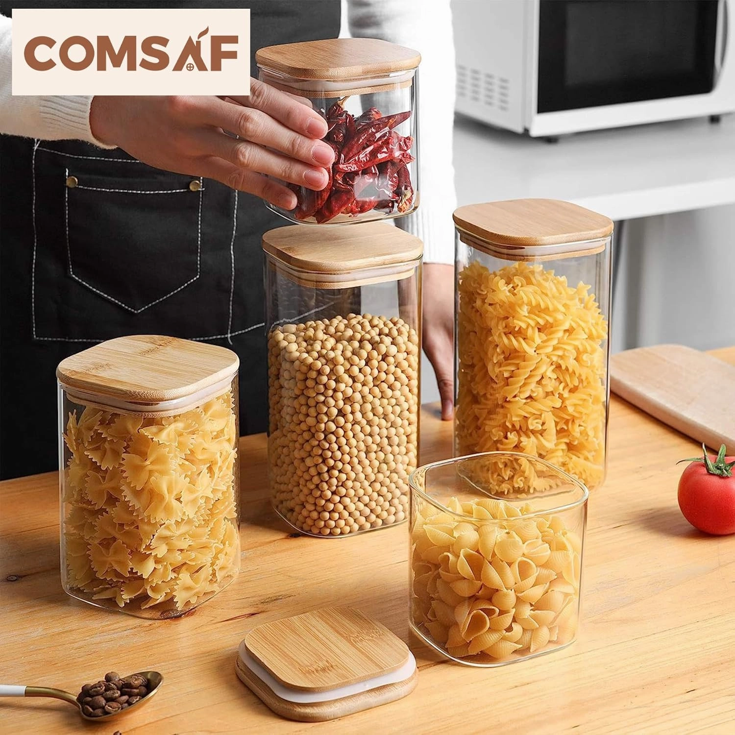 ComSaf Airtight Glass Storage Canister with Lids (24oz/37oz/51oz) Set of 6, Clear Food Storage Container Kitchen Pantry Storage Jar, Glass Jars for Flour Cereal Sugar Tea Coffee Beans Snacks, Square