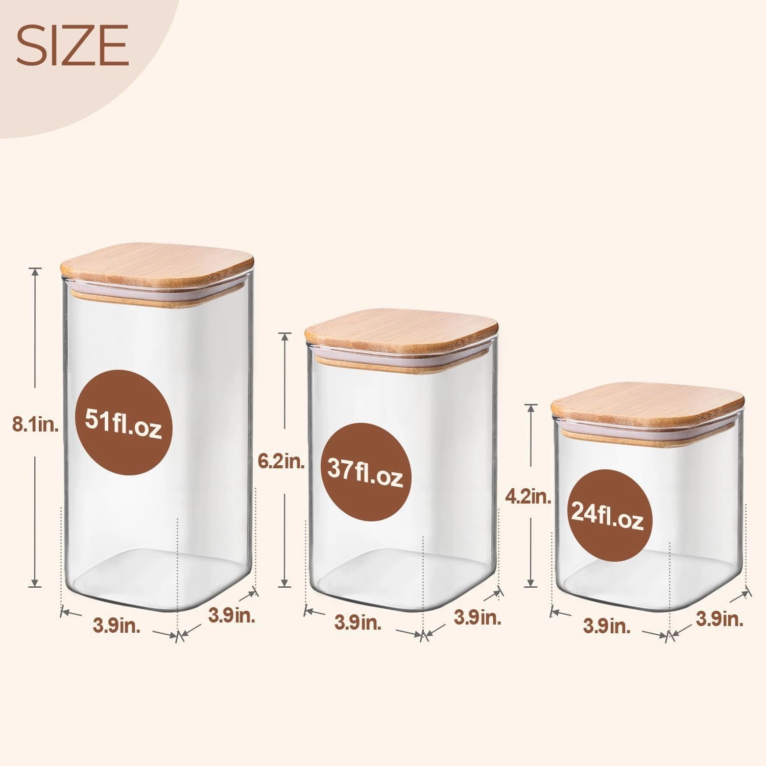 ComSaf Airtight Glass Storage Canister with Lids (24oz/37oz/51oz) Set of 6, Clear Food Storage Container Kitchen Pantry Storage Jar, Glass Jars for Flour Cereal Sugar Tea Coffee Beans Snacks, Square
