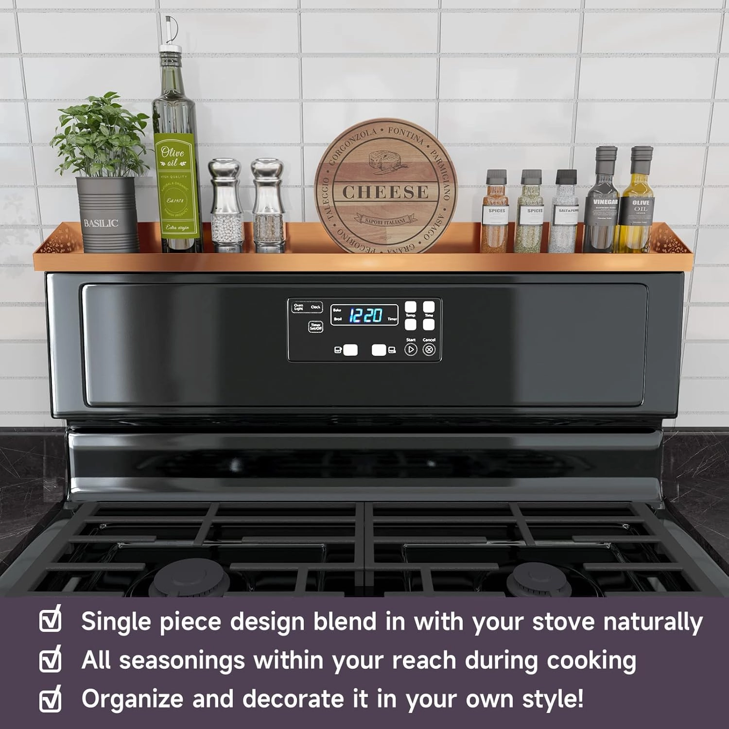 Copper Magnetic Stove Top Shelf, 30" Length, Spice Rack Over the Stove, Oven Shelf for Top of Stove, Kitchen Organizer & Seasoning Storage (Brushed Copper)