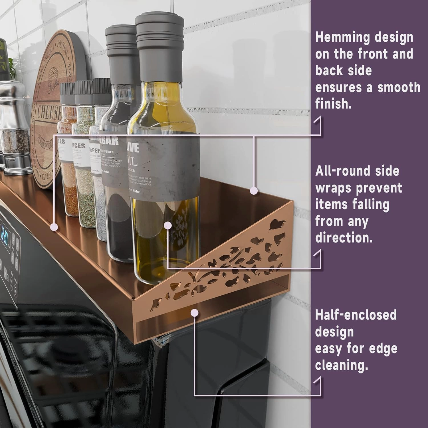 Copper Magnetic Stove Top Shelf, 30" Length, Spice Rack Over the Stove, Oven Shelf for Top of Stove, Kitchen Organizer & Seasoning Storage (Brushed Copper)