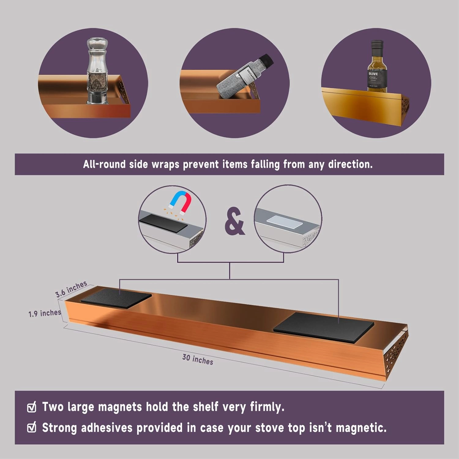 Copper Magnetic Stove Top Shelf, 30" Length, Spice Rack Over the Stove, Oven Shelf for Top of Stove, Kitchen Organizer & Seasoning Storage (Brushed Copper)