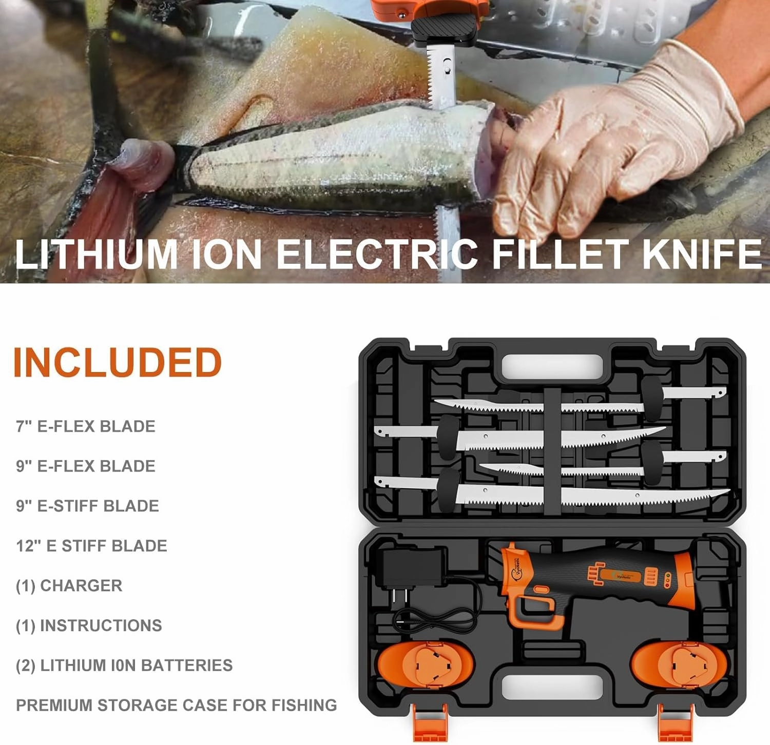 Cordless Electric Fillet Knife with 4 Ti-Nitride S.S. Coated Non-Stick Blades, Rechargeable Orange Electric Knife with Cooling Hole Non-Slip Handle & 2 Batteries, Charger and Case for Fishing
