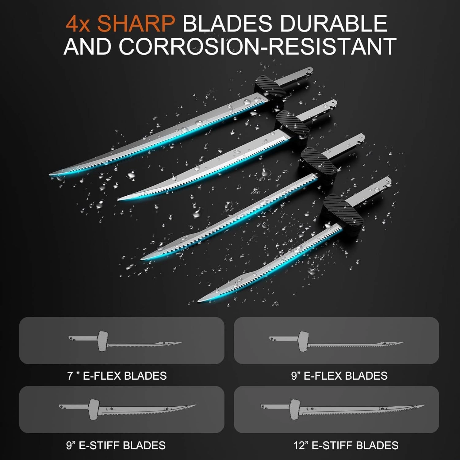 Cordless Electric Fillet Knife with 4 Ti-Nitride S.S. Coated Non-Stick Blades, Rechargeable Orange Electric Knife with Cooling Hole Non-Slip Handle & 2 Batteries, Charger and Case for Fishing