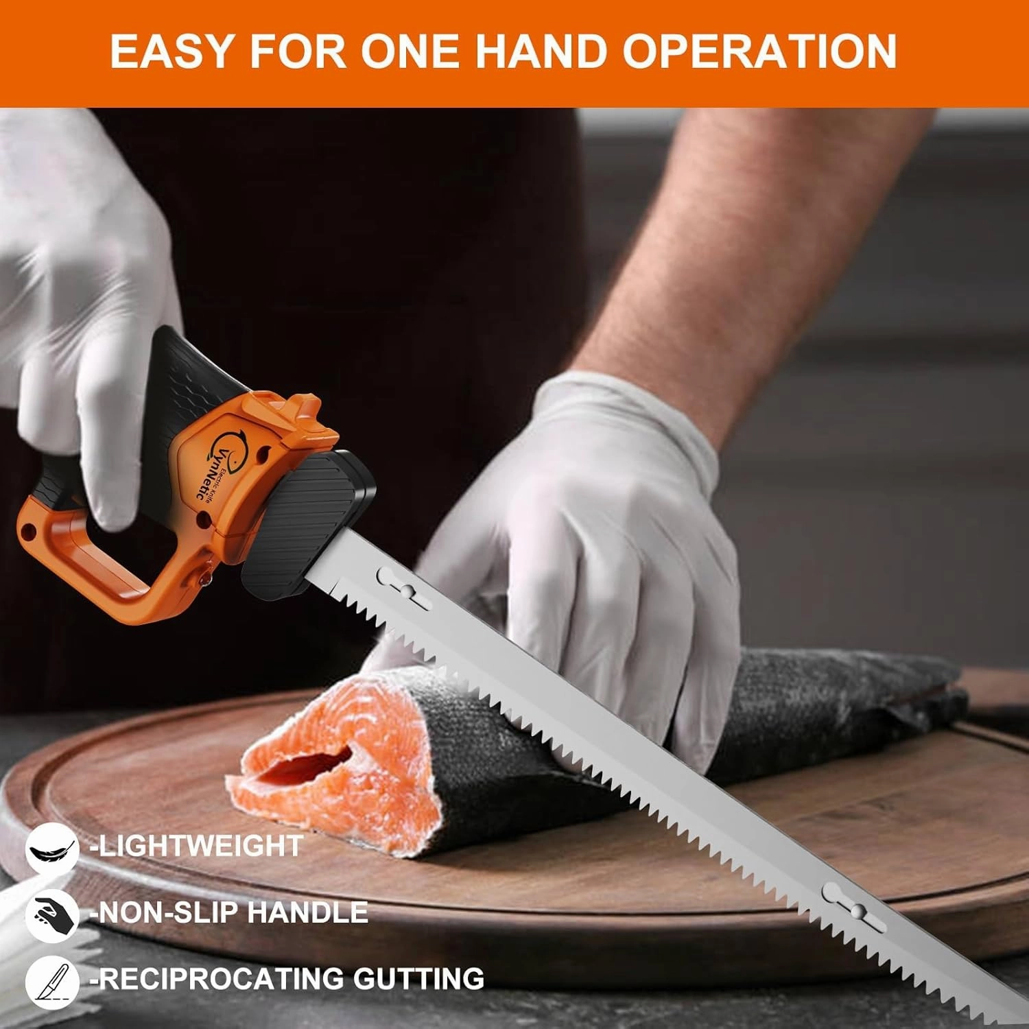 Cordless Electric Fillet Knife with 4 Ti-Nitride S.S. Coated Non-Stick Blades, Rechargeable Orange Electric Knife with Cooling Hole Non-Slip Handle & 2 Batteries, Charger and Case for Fishing