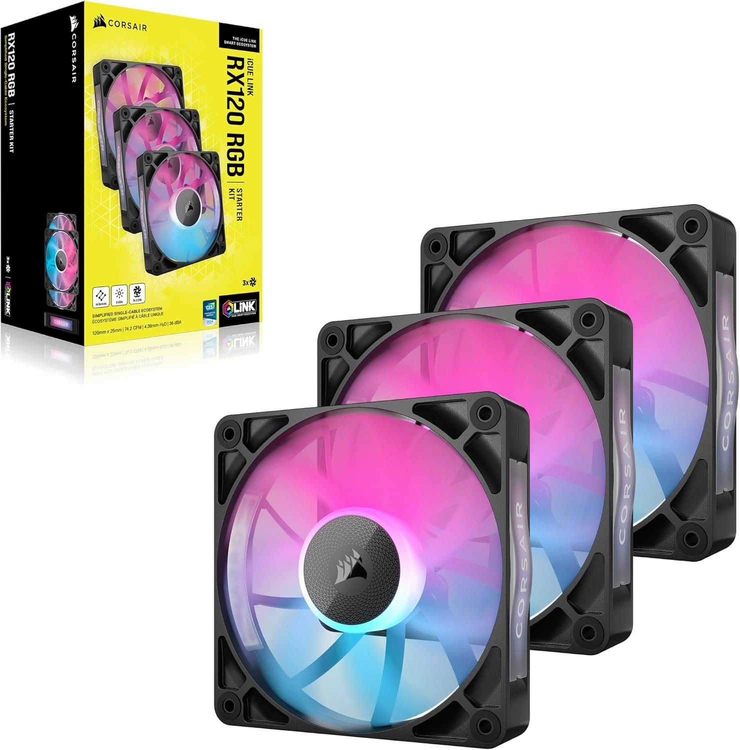CORSAIR iCUE Link RX120 RGB 120mm PWM Fans with iCUE Link System Hub - Magnetic Dome Bearing - Triple Pack - Black