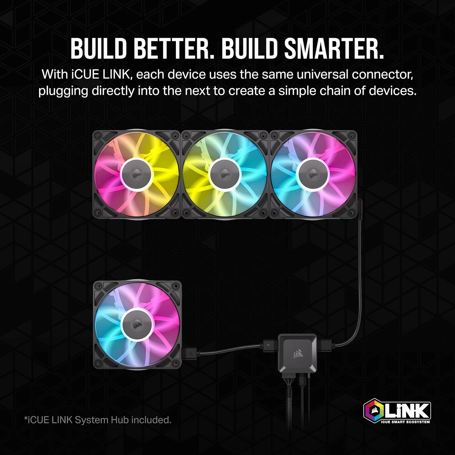 CORSAIR iCUE Link RX120 RGB 120mm PWM Fans with iCUE Link System Hub - Magnetic Dome Bearing - Triple Pack - Black