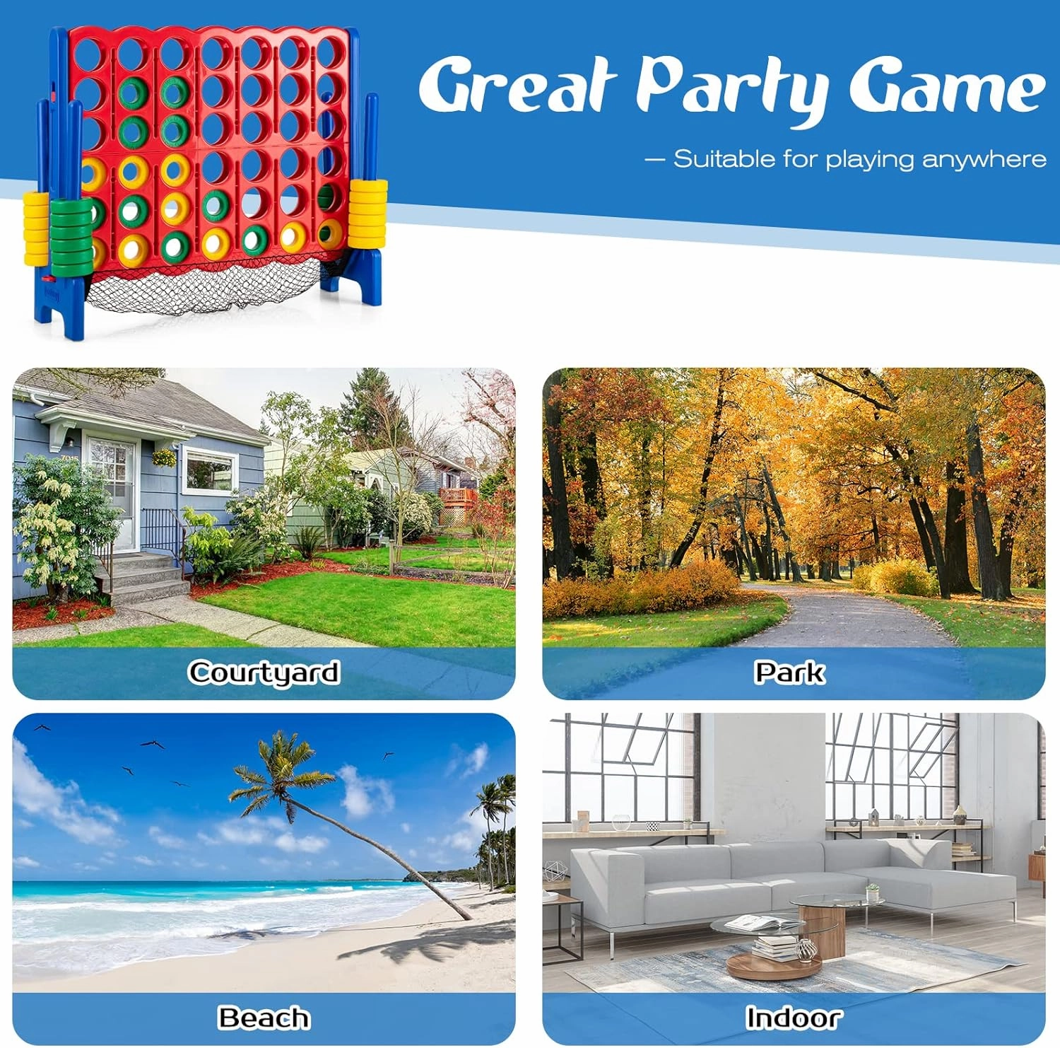 COSTWAY Giant 4 to Score Game Set, Jumbo Game Set with 42 Chess Pieces, Quick-Release Levers & Mesh Pocket, 4-in-a-Row Backyard Game for Kids & Adults, Ideal for Indoors & Outdoors