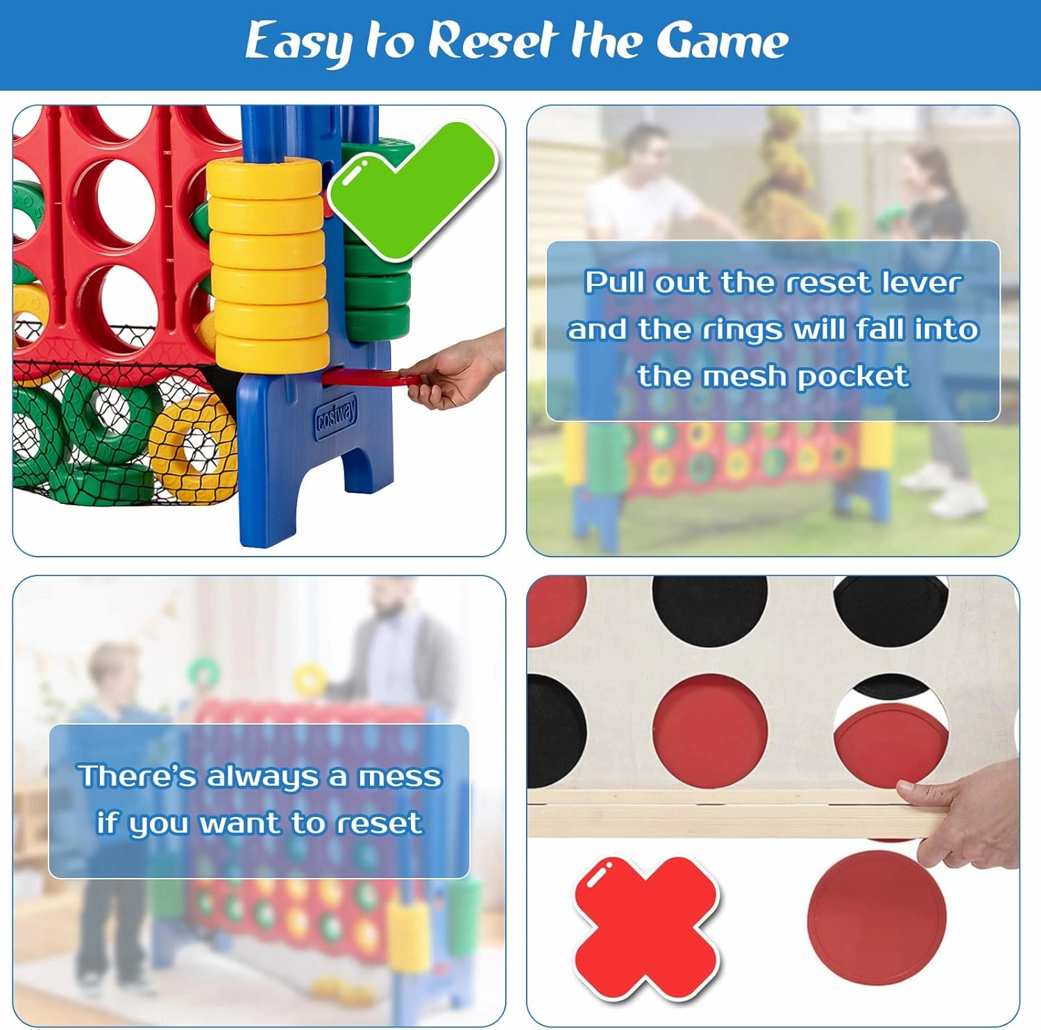 COSTWAY Giant 4 to Score Game Set, Jumbo Game Set with 42 Chess Pieces, Quick-Release Levers & Mesh Pocket, 4-in-a-Row Backyard Game for Kids & Adults, Ideal for Indoors & Outdoors