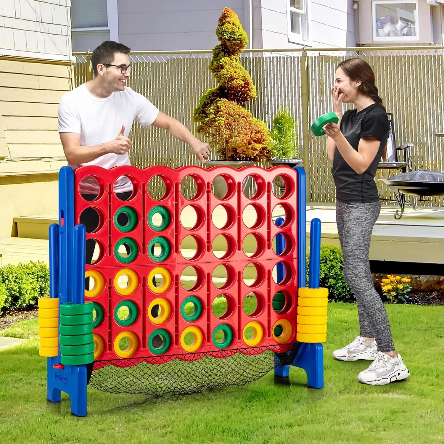 COSTWAY Giant 4 to Score Game Set, Jumbo Game Set with 42 Chess Pieces, Quick-Release Levers & Mesh Pocket, 4-in-a-Row Backyard Game for Kids & Adults, Ideal for Indoors & Outdoors