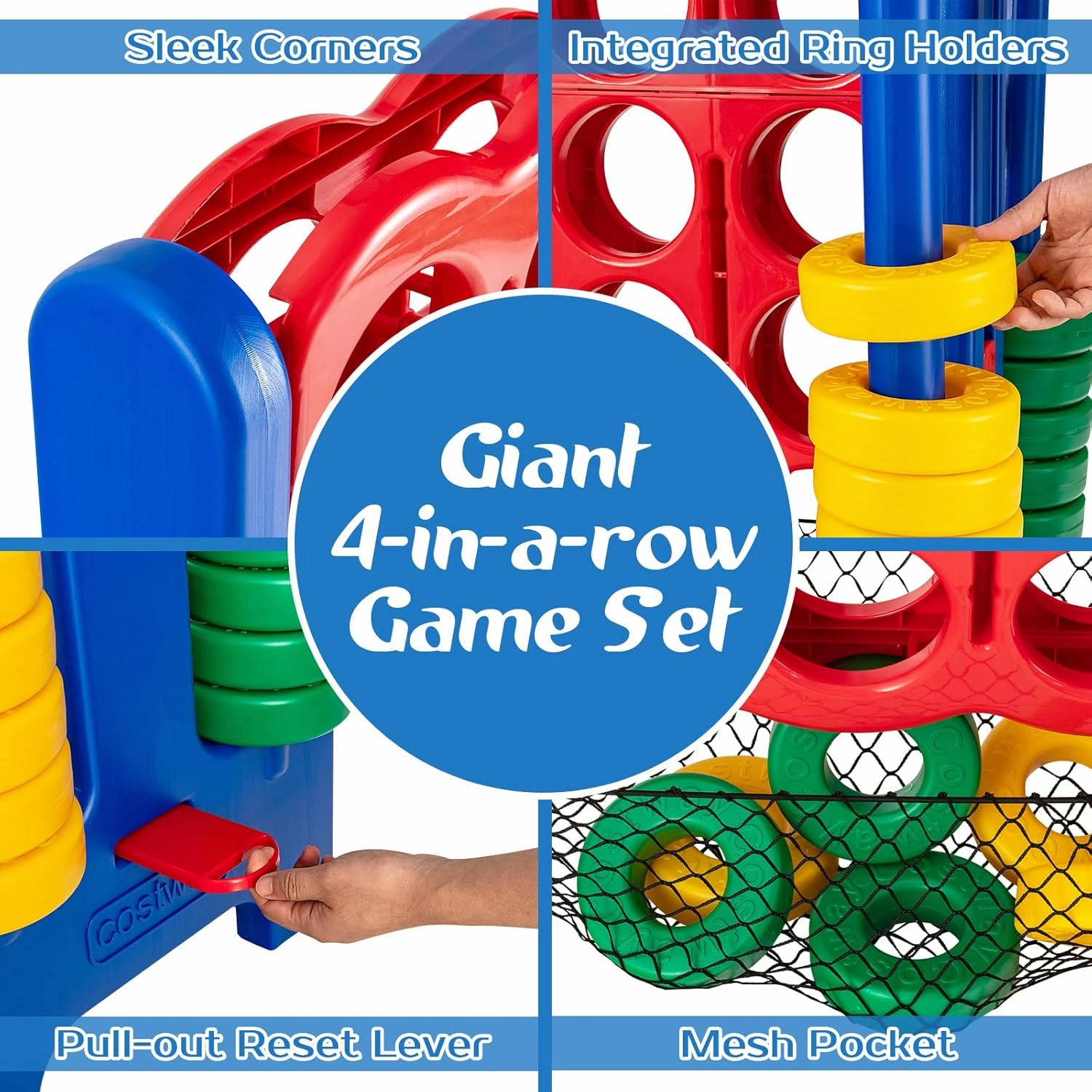 COSTWAY Giant 4 to Score Game Set, Jumbo Game Set with 42 Chess Pieces, Quick-Release Levers & Mesh Pocket, 4-in-a-Row Backyard Game for Kids & Adults, Ideal for Indoors & Outdoors