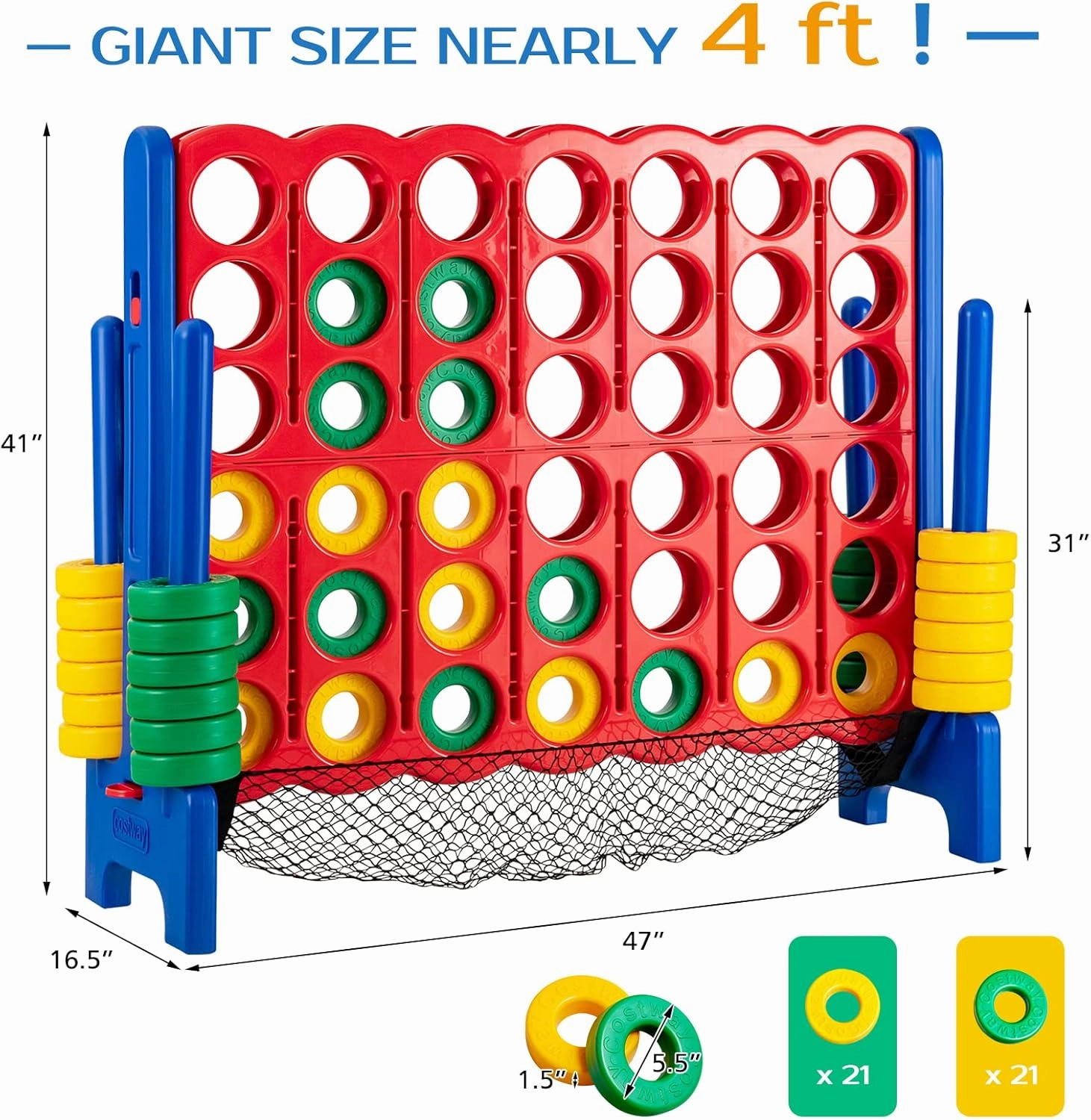 COSTWAY Giant 4 to Score Game Set, Jumbo Game Set with 42 Chess Pieces, Quick-Release Levers & Mesh Pocket, 4-in-a-Row Backyard Game for Kids & Adults, Ideal for Indoors & Outdoors