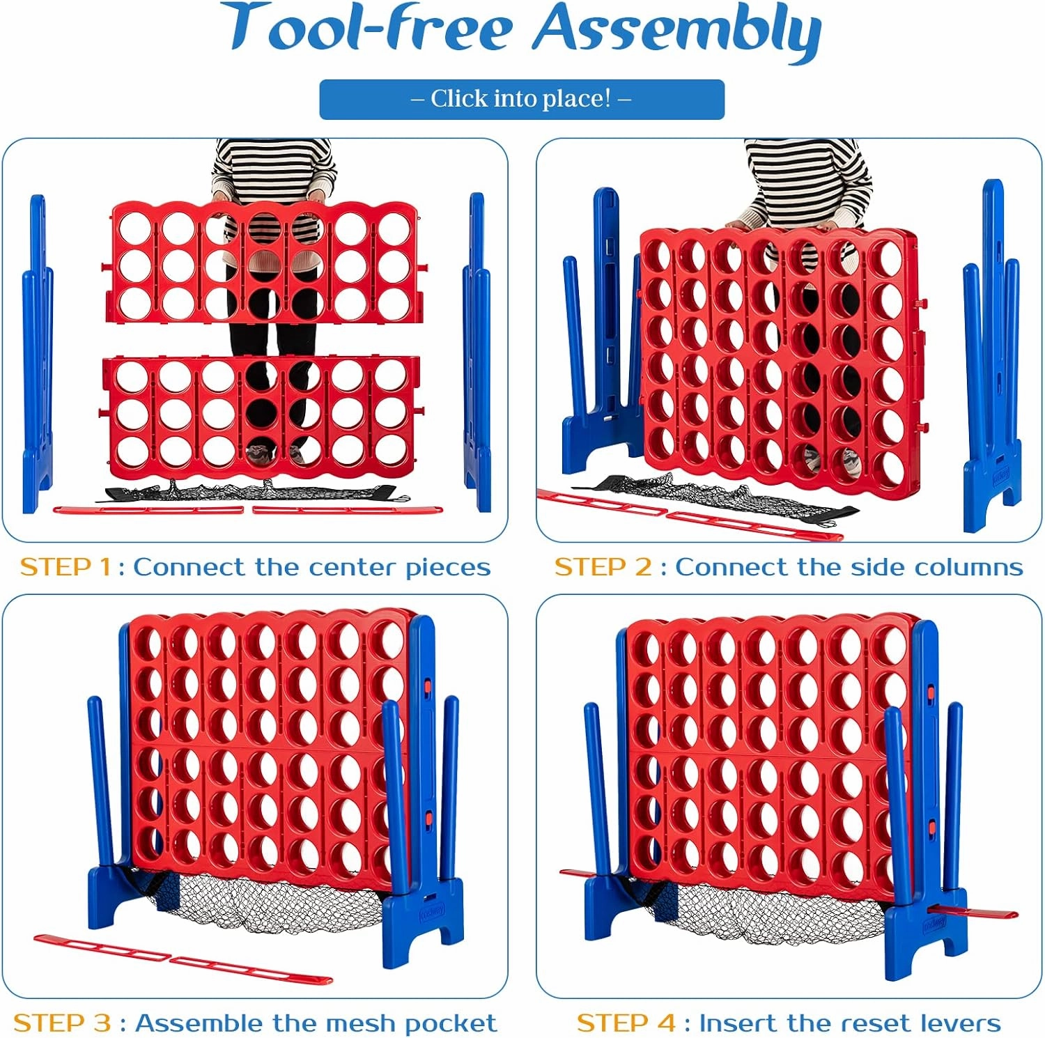 COSTWAY Giant 4 to Score Game Set, Jumbo Game Set with 42 Chess Pieces, Quick-Release Levers & Mesh Pocket, 4-in-a-Row Backyard Game for Kids & Adults, Ideal for Indoors & Outdoors