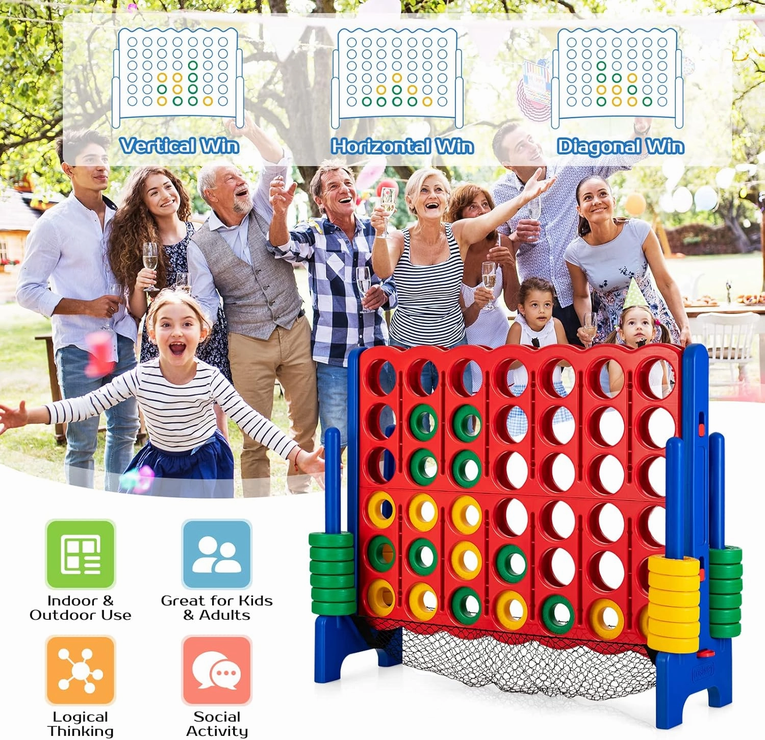 COSTWAY Giant 4 to Score Game Set, Jumbo Game Set with 42 Chess Pieces, Quick-Release Levers & Mesh Pocket, 4-in-a-Row Backyard Game for Kids & Adults, Ideal for Indoors & Outdoors