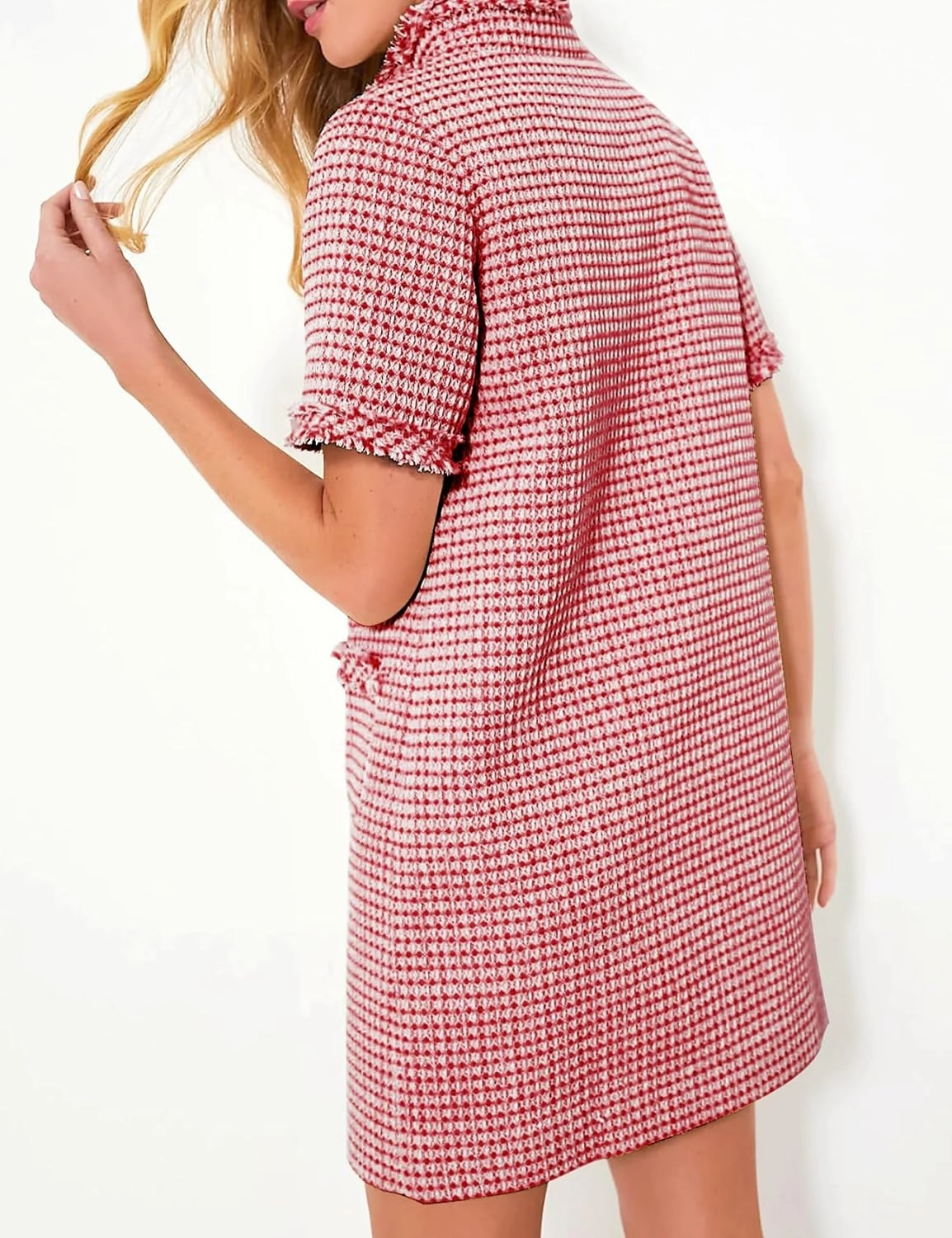 COZYPOIN Womens Tweed Mini Dress Elegant Front Half Zipper Short Sleeve Casual Work Straight Tube Dress with Pockets