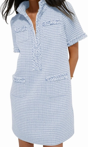 COZYPOIN Womens Tweed Mini Dress Elegant Front Half Zipper Short Sleeve Casual Work Straight Tube Dress with Pockets