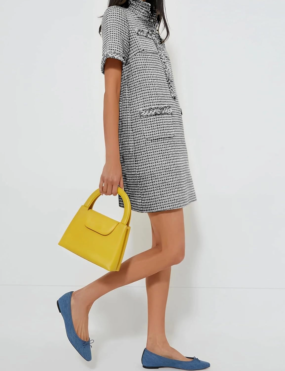 COZYPOIN Womens Tweed Mini Dress Elegant Front Half Zipper Short Sleeve Casual Work Straight Tube Dress with Pockets