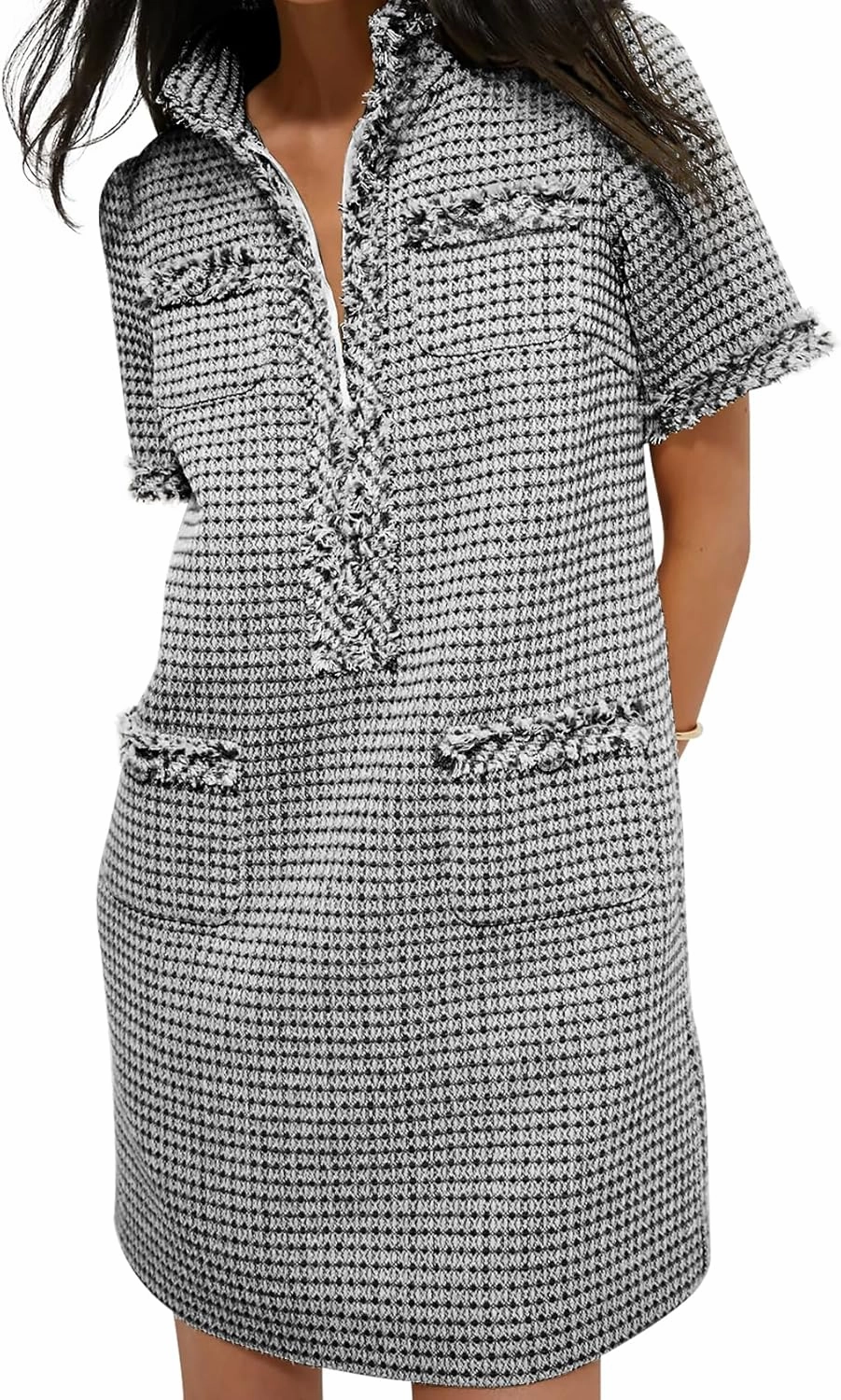 COZYPOIN Womens Tweed Mini Dress Elegant Front Half Zipper Short Sleeve Casual Work Straight Tube Dress with Pockets