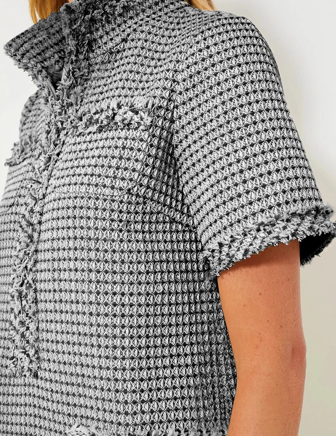COZYPOIN Womens Tweed Mini Dress Elegant Front Half Zipper Short Sleeve Casual Work Straight Tube Dress with Pockets