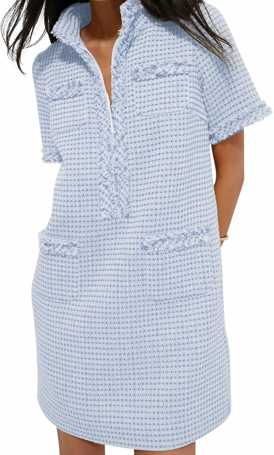 COZYPOIN Womens Tweed Mini Dress Elegant Front Half Zipper Short Sleeve Casual Work Straight Tube Dress with Pockets