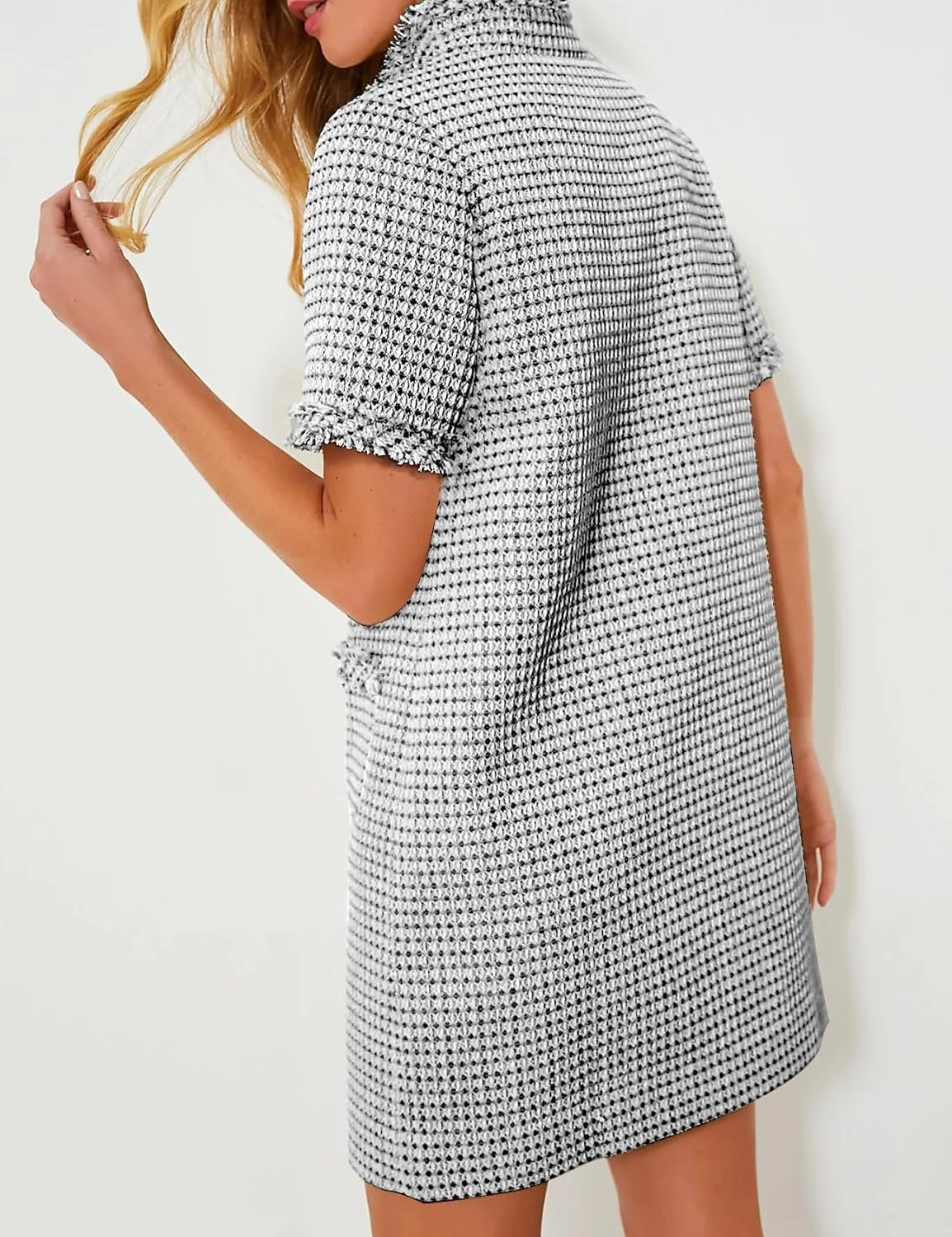 COZYPOIN Womens Tweed Mini Dress Elegant Front Half Zipper Short Sleeve Casual Work Straight Tube Dress with Pockets