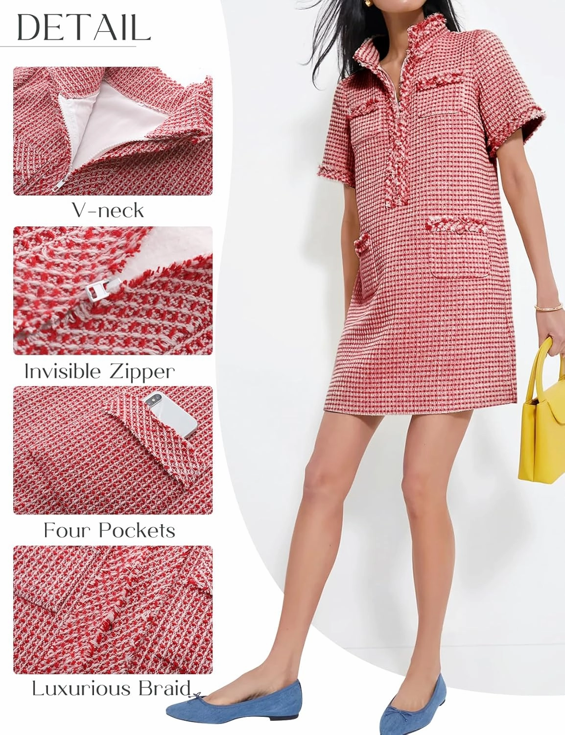 COZYPOIN Womens Tweed Mini Dress Elegant Front Half Zipper Short Sleeve Casual Work Straight Tube Dress with Pockets