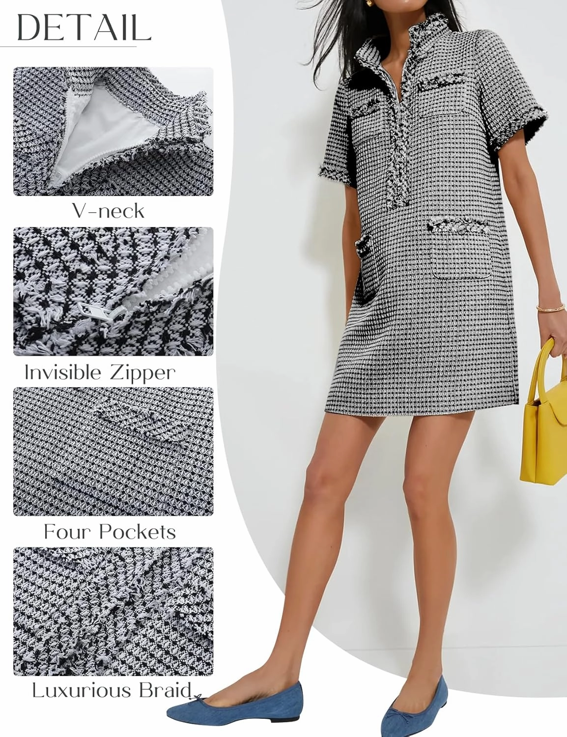 COZYPOIN Womens Tweed Mini Dress Elegant Front Half Zipper Short Sleeve Casual Work Straight Tube Dress with Pockets