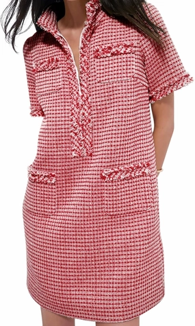 COZYPOIN Womens Tweed Mini Dress Elegant Front Half Zipper Short Sleeve Casual Work Straight Tube Dress with Pockets