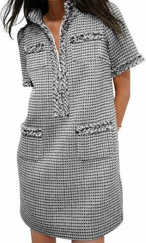 COZYPOIN Womens Tweed Mini Dress Elegant Front Half Zipper Short Sleeve Casual Work Straight Tube Dress with Pockets