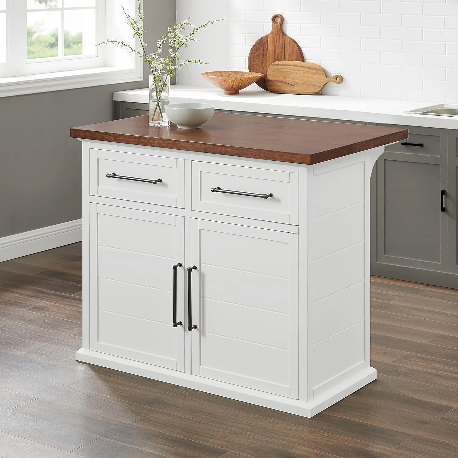 Crosley Furniture Bartlett Kitchen Island with Wood Top, White/Walnut