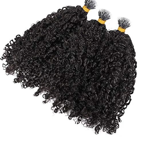 Curly Nano Ring Hair Extensions Machine Made Natural Color Remy Peruvian Hair Extensions For Women 1g/strand 8inch-26ich (22inch 100strands, Color #1)