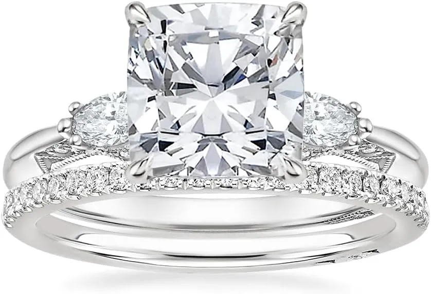 Cushion Moissanite Engagement Ring 1-3.70 CT Tacori Three Stone Marquise Wedding Bridal Set 925 Sterling Silver 10K 14K 18K Gold Anniversary Promise Ring Valentine Gift for Her