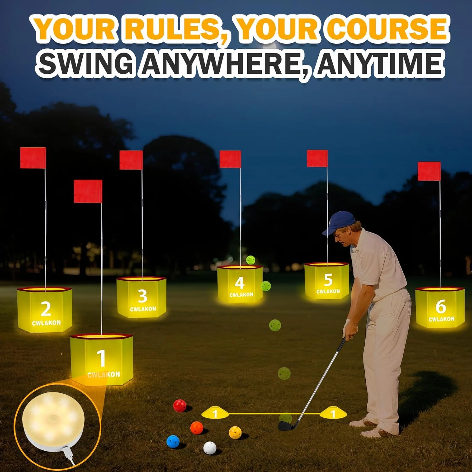 CWLAKON Yard Golf Game Glow in The Dark with LED Light & 2 Clubs, Portable 6 Holes with Balls, Outdoor Night Light up Backyard Golf Games for Adults, Kids, Family, Camping, Park, Lawn, Picnic Fun
