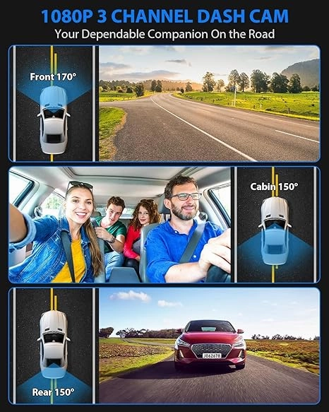 Dash Cam Front and Rear Inside, 3 Channel Dash Camera for Cars, 1080P Car Dash Cam, Triple Dash Cam, Dash Camera , Loop Recording, HDR, G-Sensor, 24Hr Parking