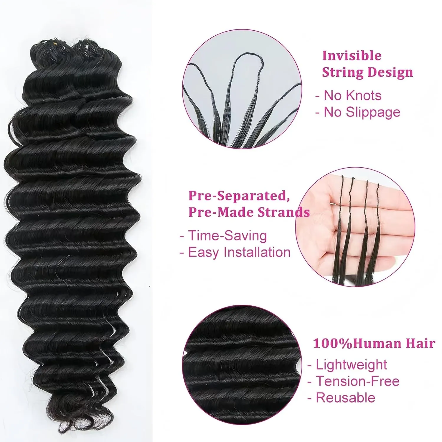 Deep Wave Knotless Pre-Separated Crochet Hair Extensions Feather Hair Extensions Deep Culry Feather Line Hair Extensions 100% Human Hair Natural Color 16 Inch 120g