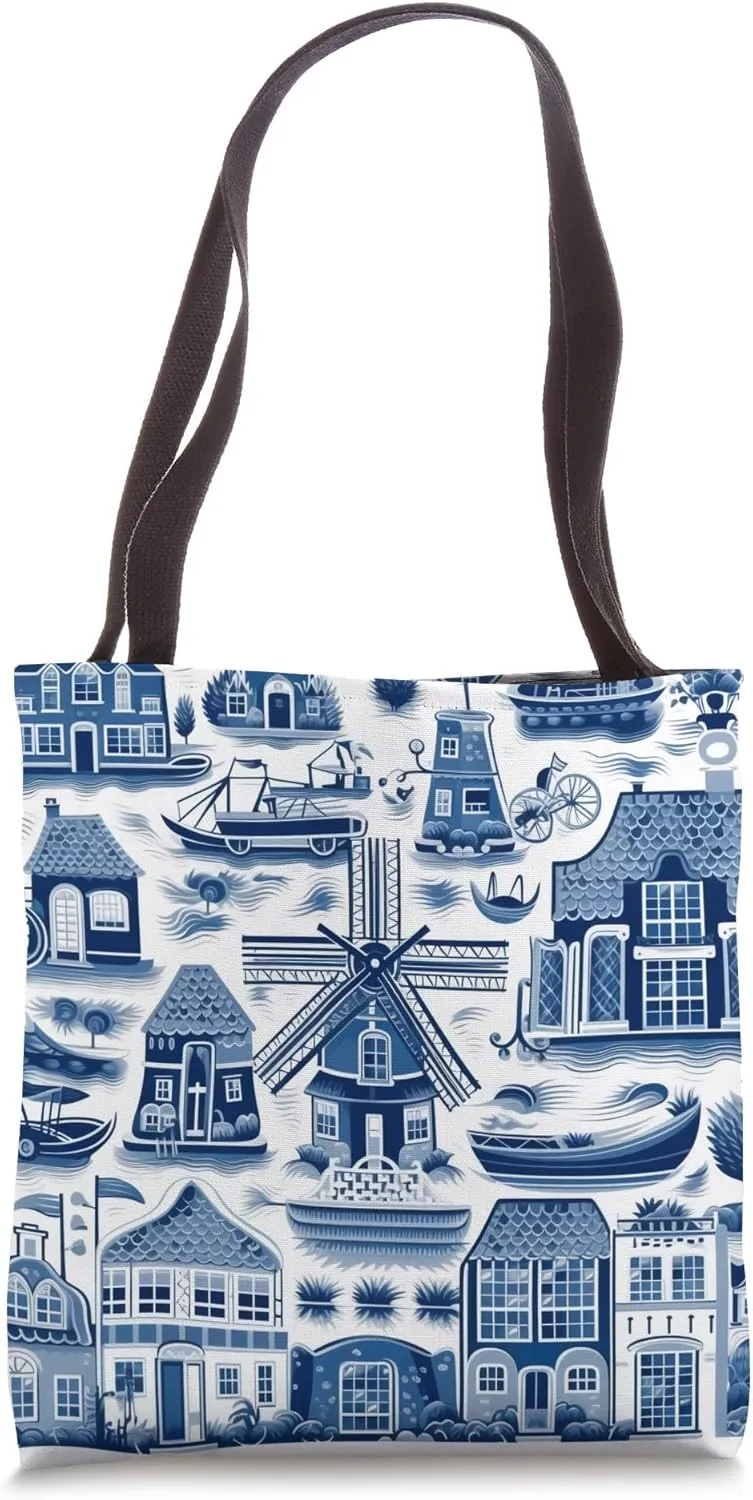 Delft Pattern, Netherlands Windmills, Dutch Culture Tote Bag