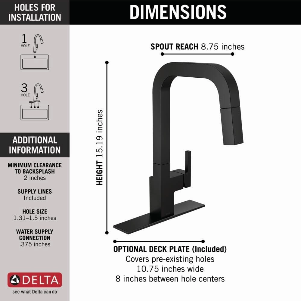 Delta Faucet Junction Kitchen Faucet with Pull Down Sprayer, Matte Black Modern Single Hole Kitchen Sink Faucet, Matte Black 19825LF-BL