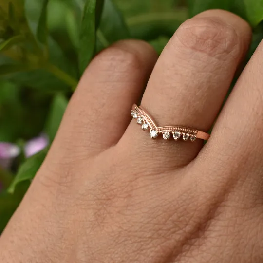 Diamond Tiara Chevron Ring in 14K Solid Gold , Stackable V Milgrain Band, Promise Wedding Engagement Bridal Crown Ring