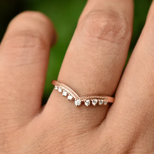 Diamond Tiara Chevron Ring in 14K Solid Gold , Stackable V Milgrain Band, Promise Wedding Engagement Bridal Crown Ring
